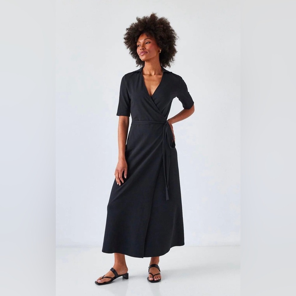 Brass jersey wrap dress, large, black
